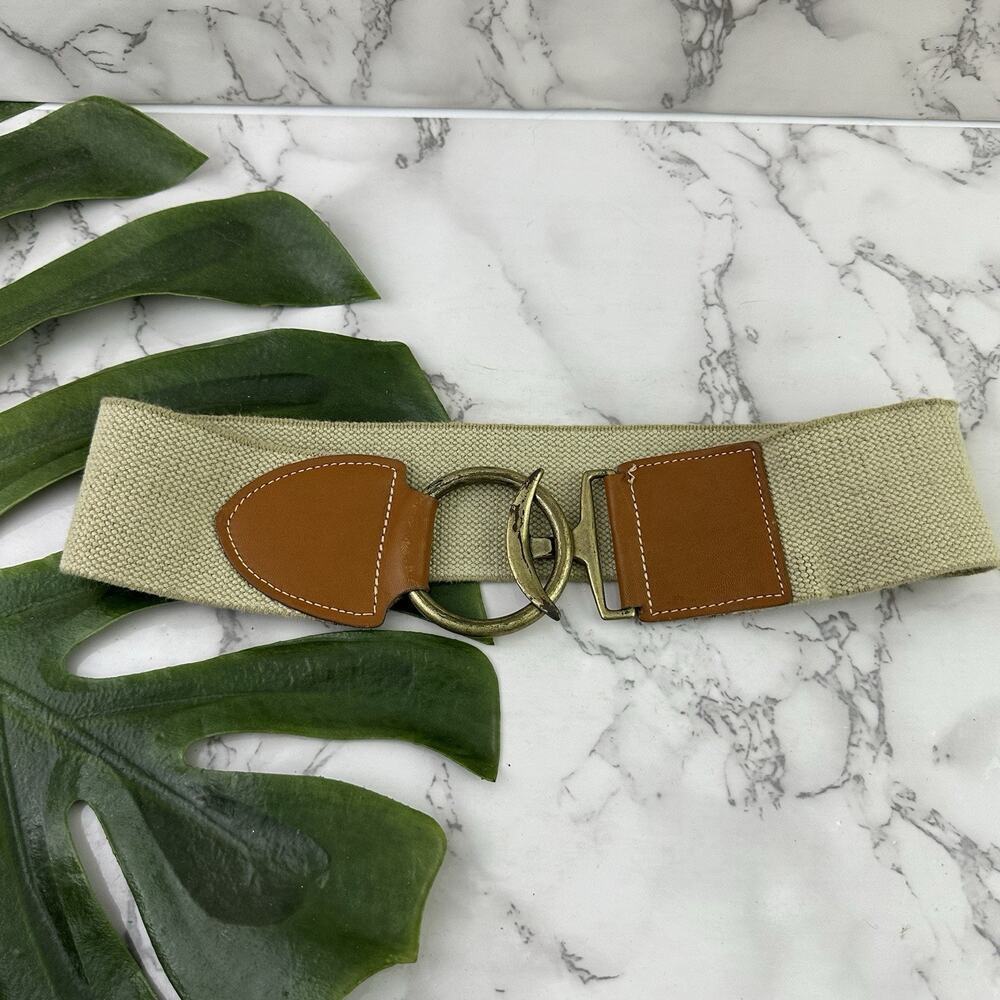 Womens Vintage 80s Elastic Waist Belt Size S Taupe Brown Leather Trim Buckle
